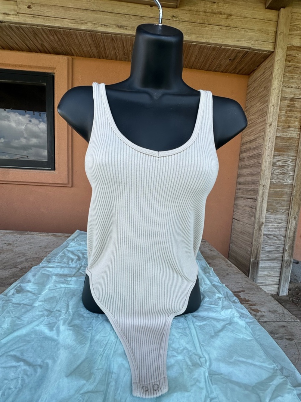 NWT Pink Rose Ribbed V-Neck Bodysuit - Cream - Size XS/S